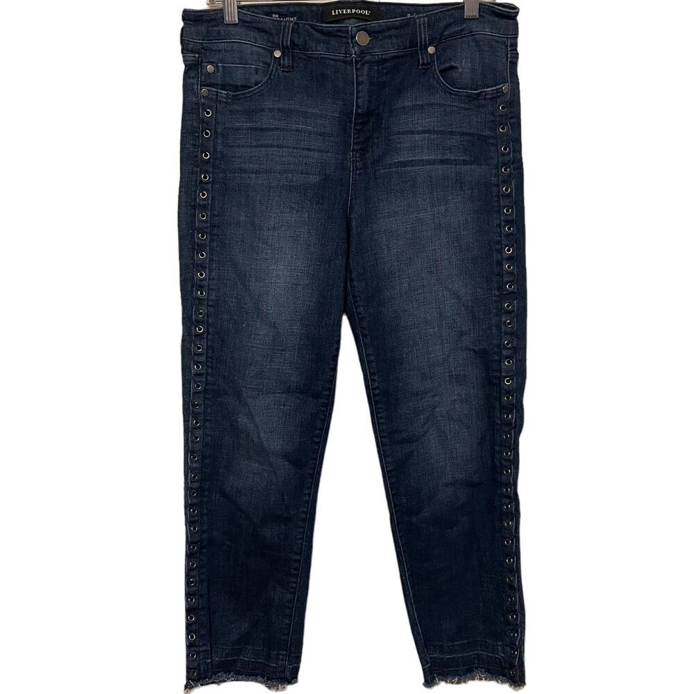 Liverpool Crop Straight Leather Trim Distressed Hem Medium Wash Jeans